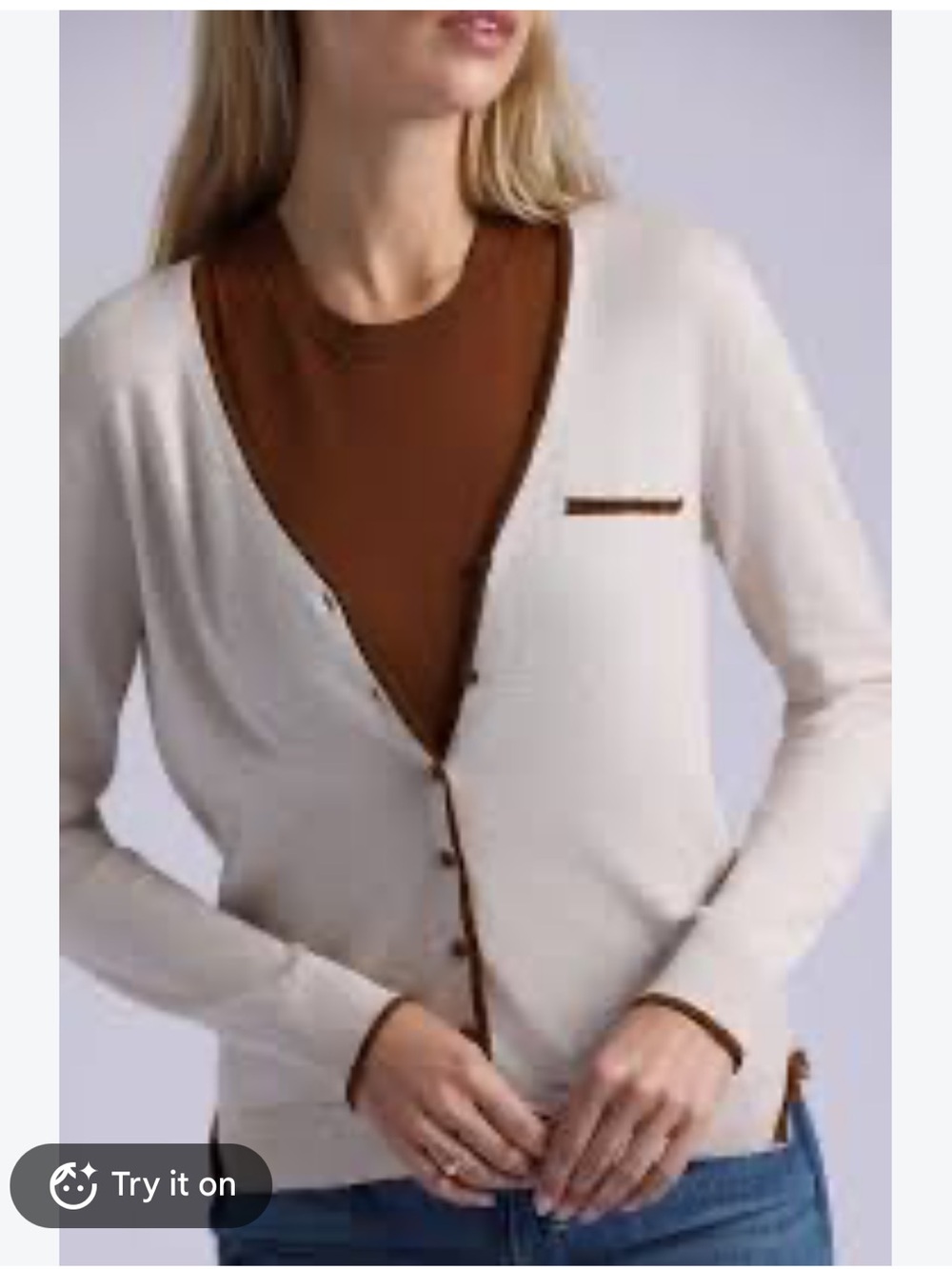 Minnie Rose Cotton/ Cashmere Cream Contrast-Trim V-Neck Cardigan Sweater NWT XL